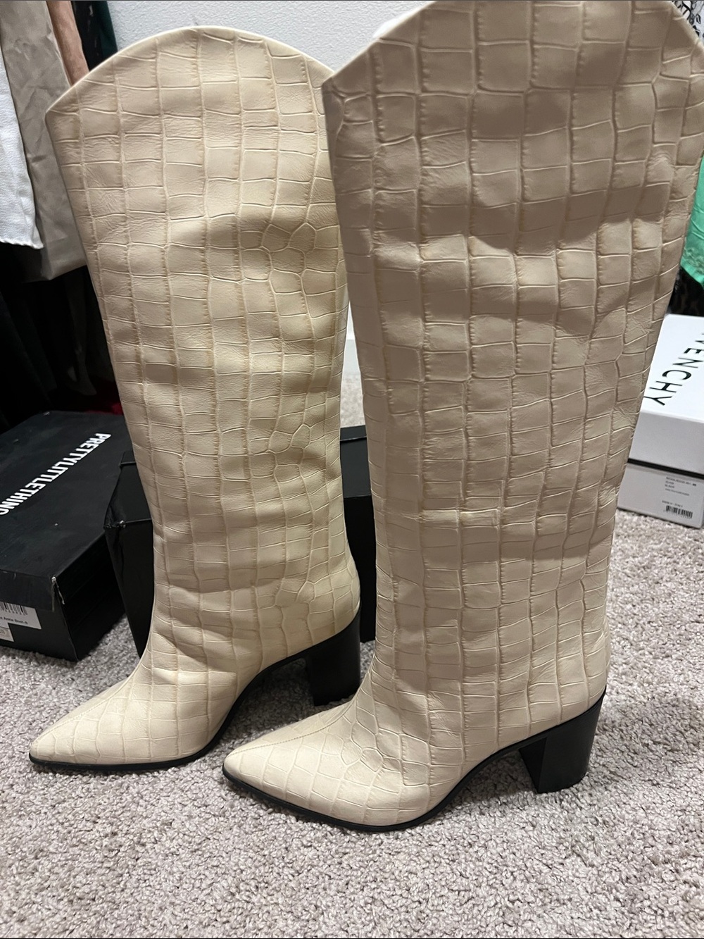 SCHUTZ Cream Croc-Embossed Pointed-Toe Knee Boots